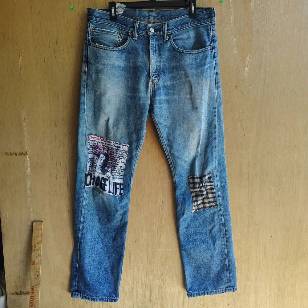 Levi's 505 Distressed and Patchworked Jean In Light Blue Men's 34x32